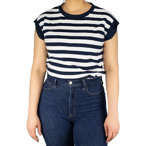 Tara Jarmon extended shoulder Navy blue/White striped Nautical T-shirt Size M - Picture 1 of 8